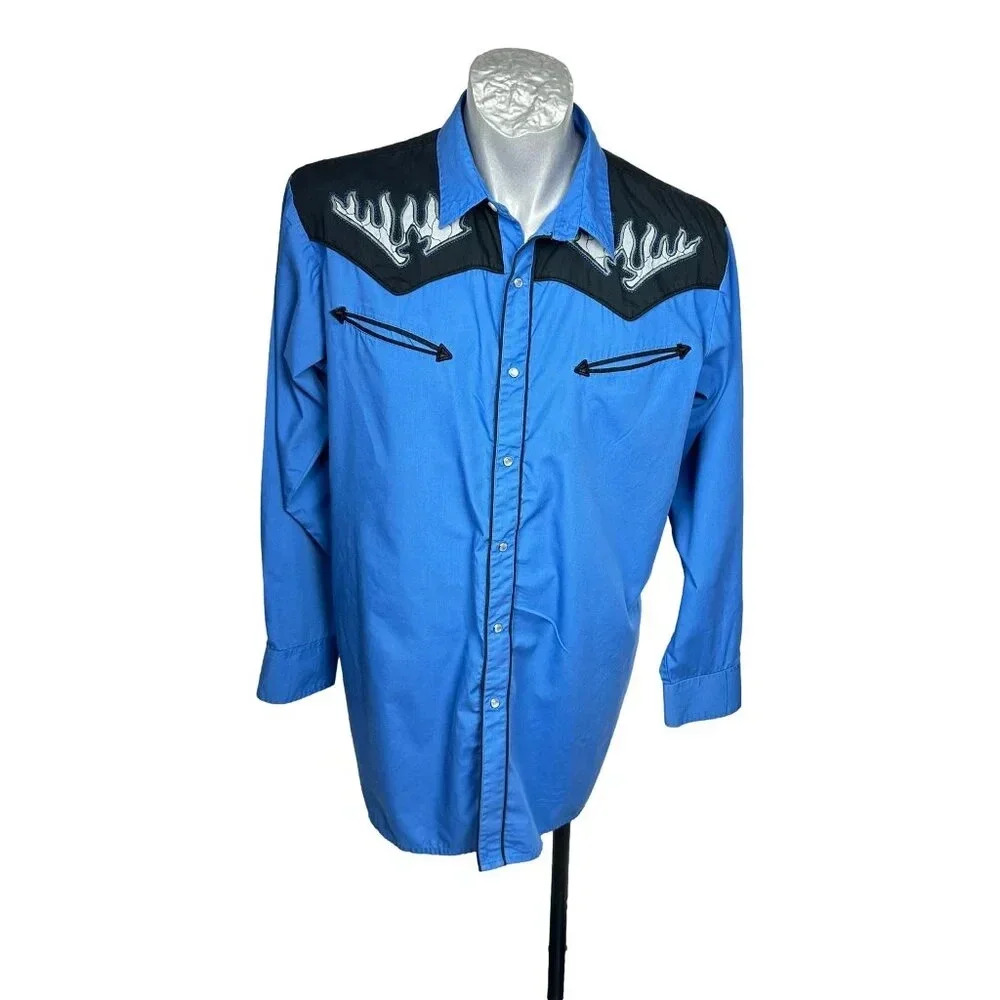 Johnny West Western Men Shirts Blue Size L‎ LS MWG Pearl Snap